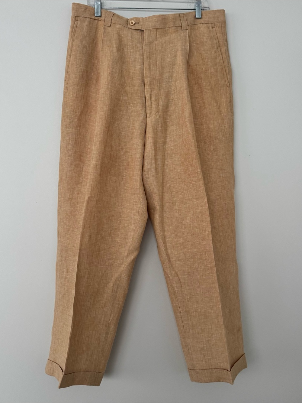 Inserch 100% Linen Pleated Pants Tan Beige Oatmeal Cuffed Trousers Men's 38